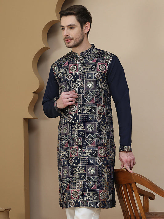 Embroidered Straight Kurtas for Men ( KO 5174 Navy )