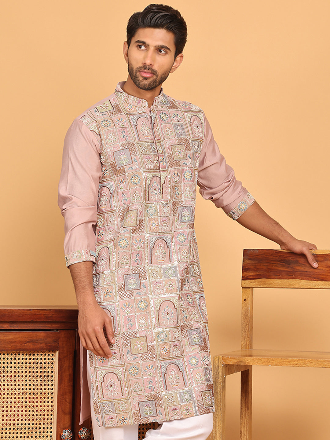 Embroidered Straight Kurtas For Men ( KO 5174 Peach )