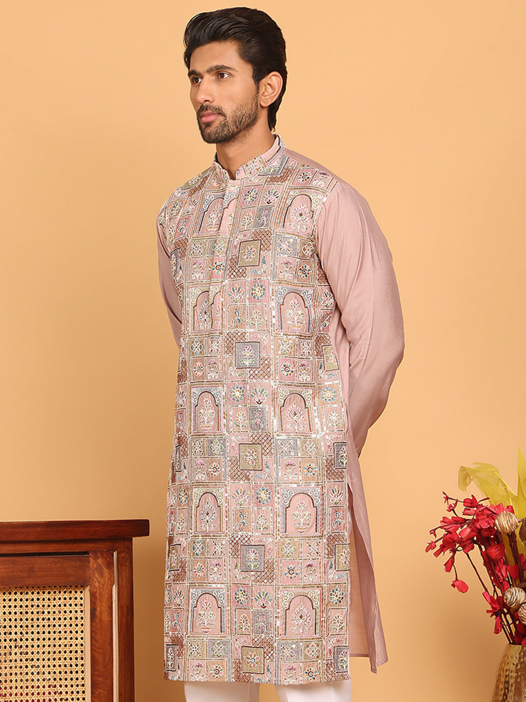 Embroidered Straight Kurtas For Men ( KO 5174 Peach )