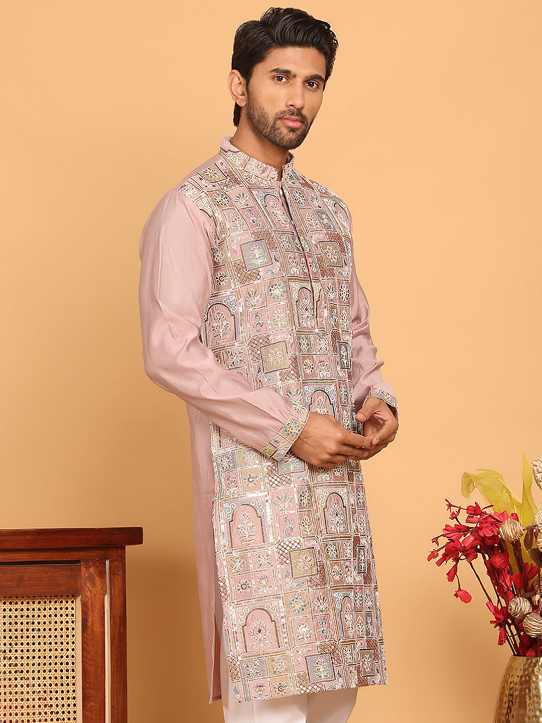 Embroidered Straight Kurtas For Men ( KO 5174 Peach )