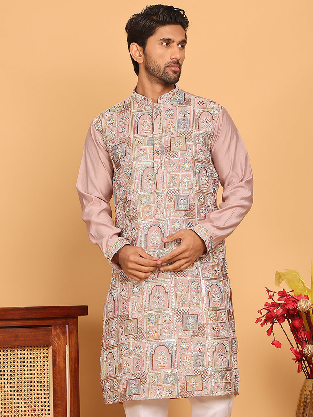 Embroidered Straight Kurtas For Men ( KO 5174 Peach )