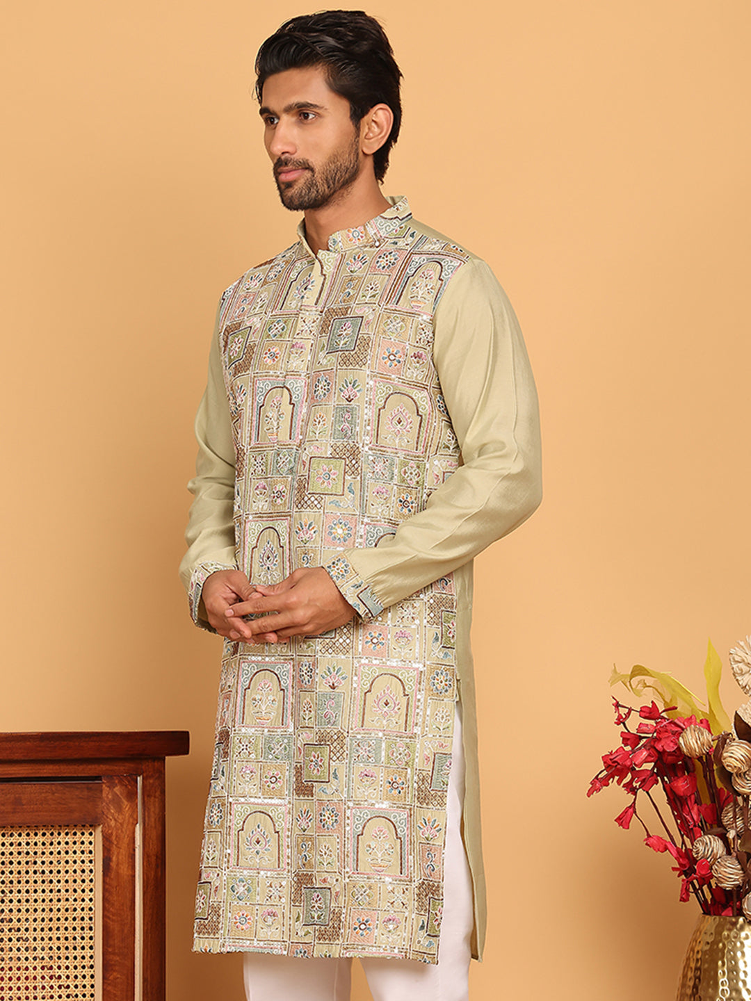 Embroidered Straight Kurtas For Men ( KO 5174 Pista )