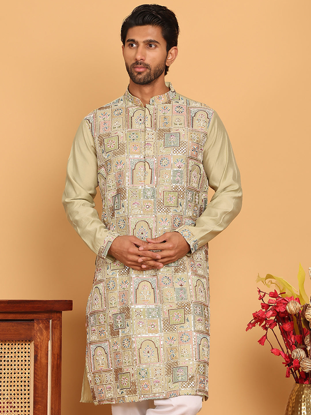 Embroidered Straight Kurtas For Men ( KO 5174 Pista )