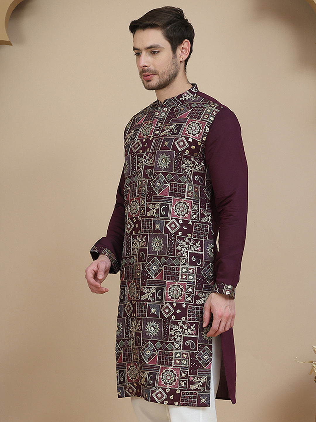 Embroidered Straight Kurtas for Men ( KO 5174 Purple )
