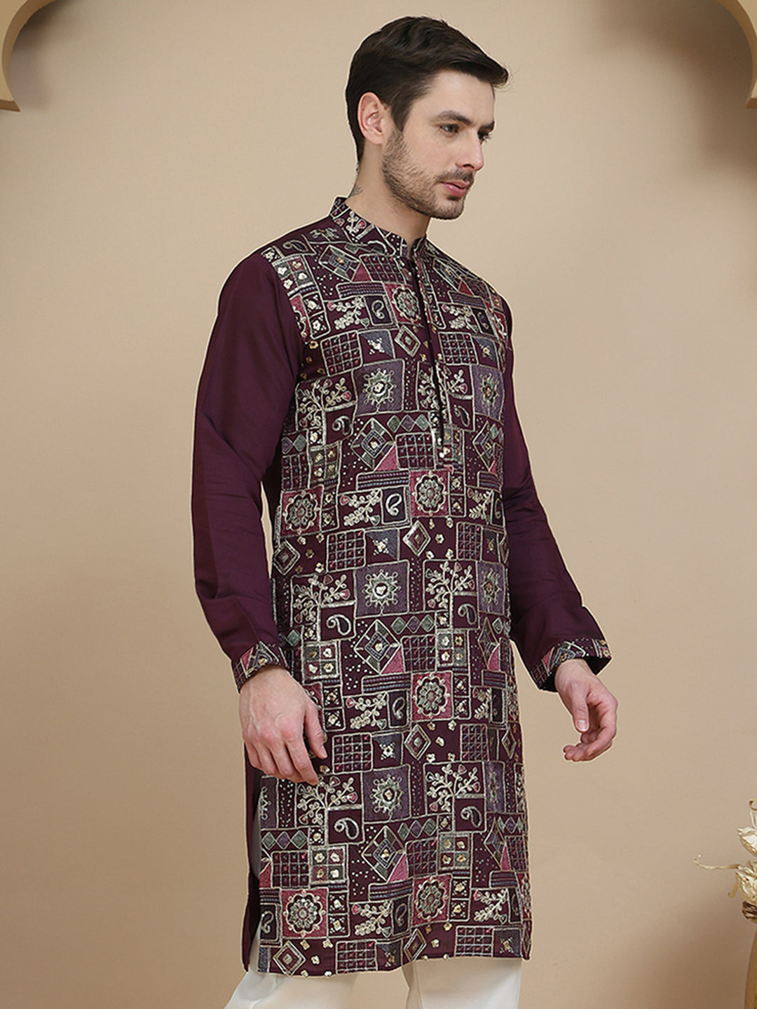 Embroidered Straight Kurtas for Men ( KO 5174 Purple )