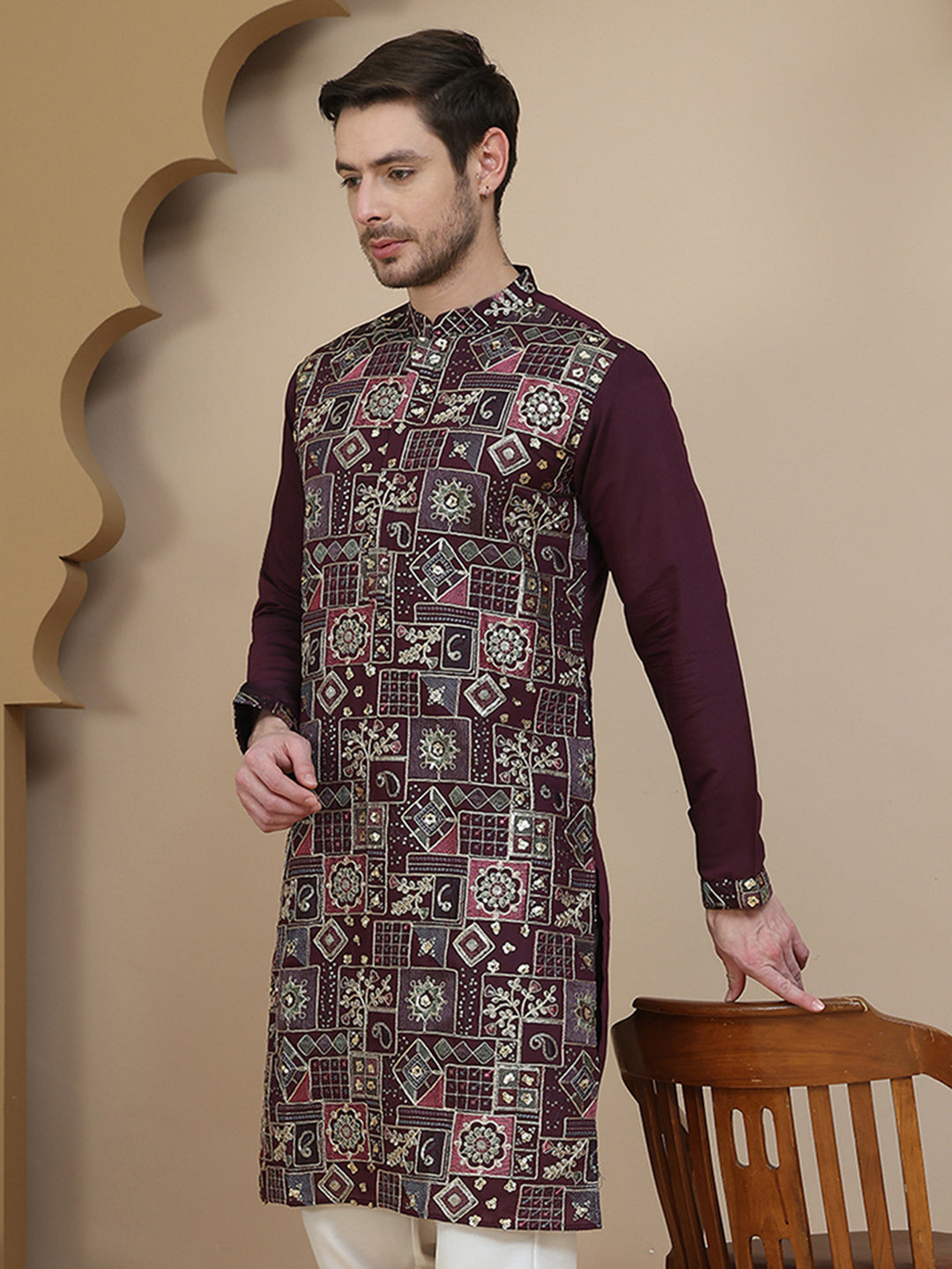 Embroidered Straight Kurtas for Men ( KO 5174 Purple )