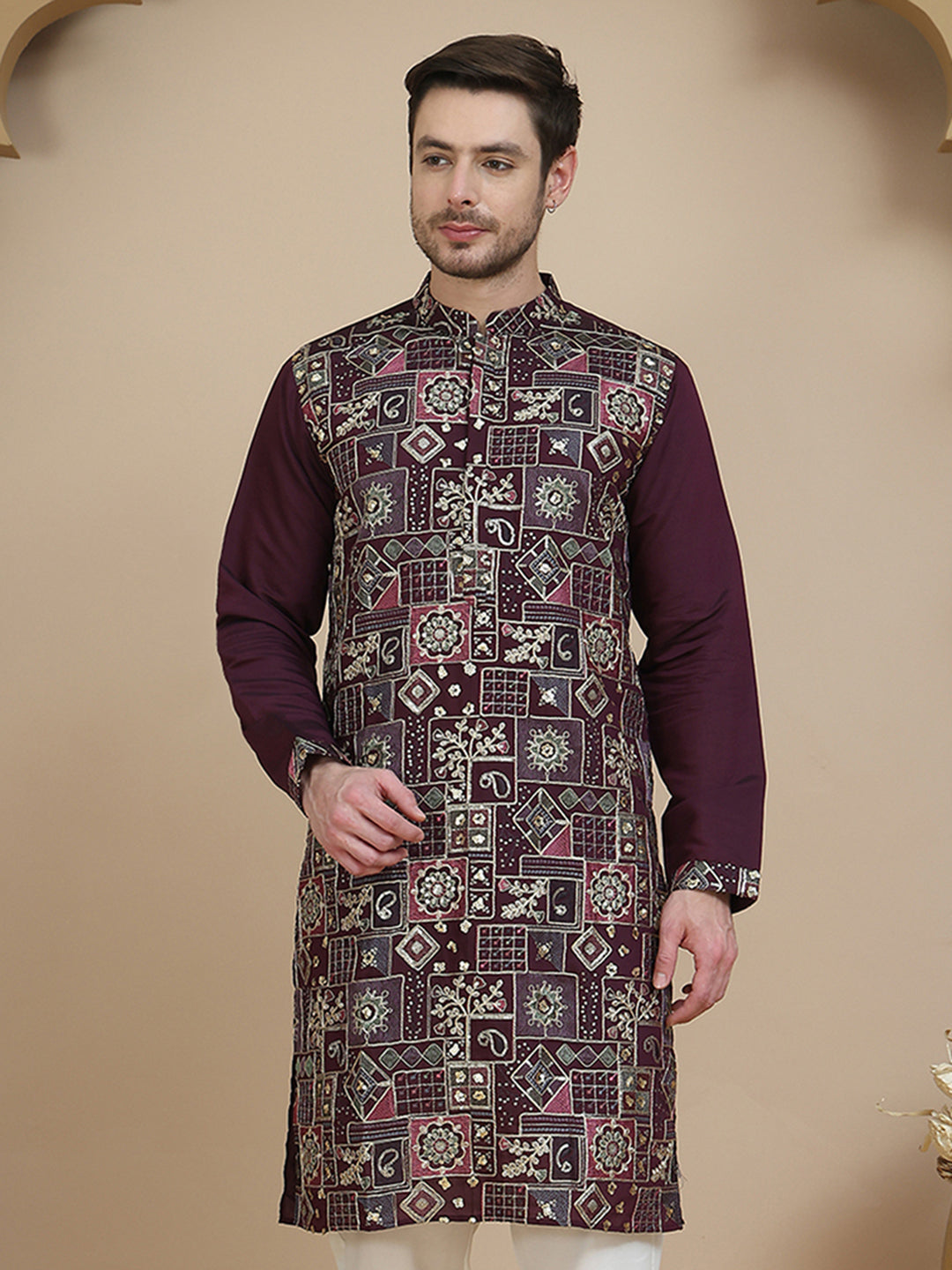 Embroidered Straight Kurtas for Men ( KO 5174 Purple )