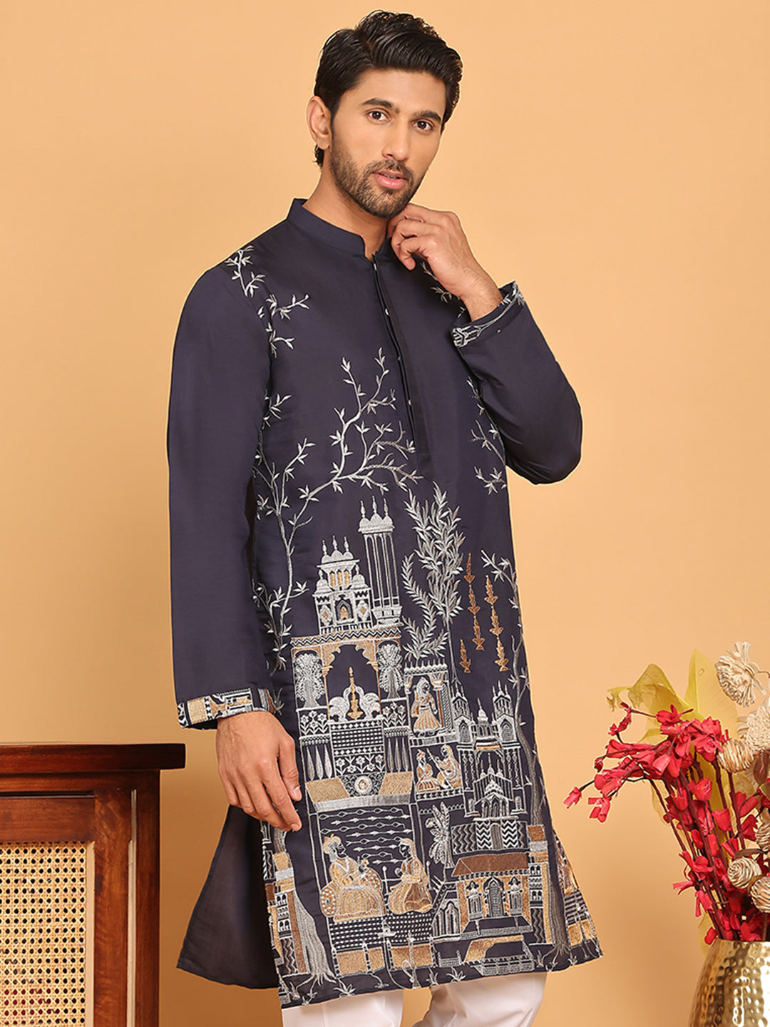 Purple Embroidered Straight Kurtas For Men ( KO 5176 Purple )