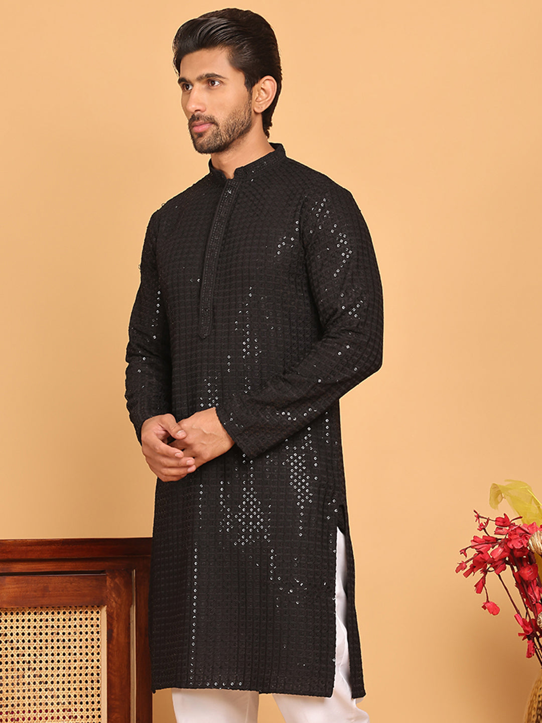 Embroidered & Sequence Kurtas for Men ( KO 5177 Black )