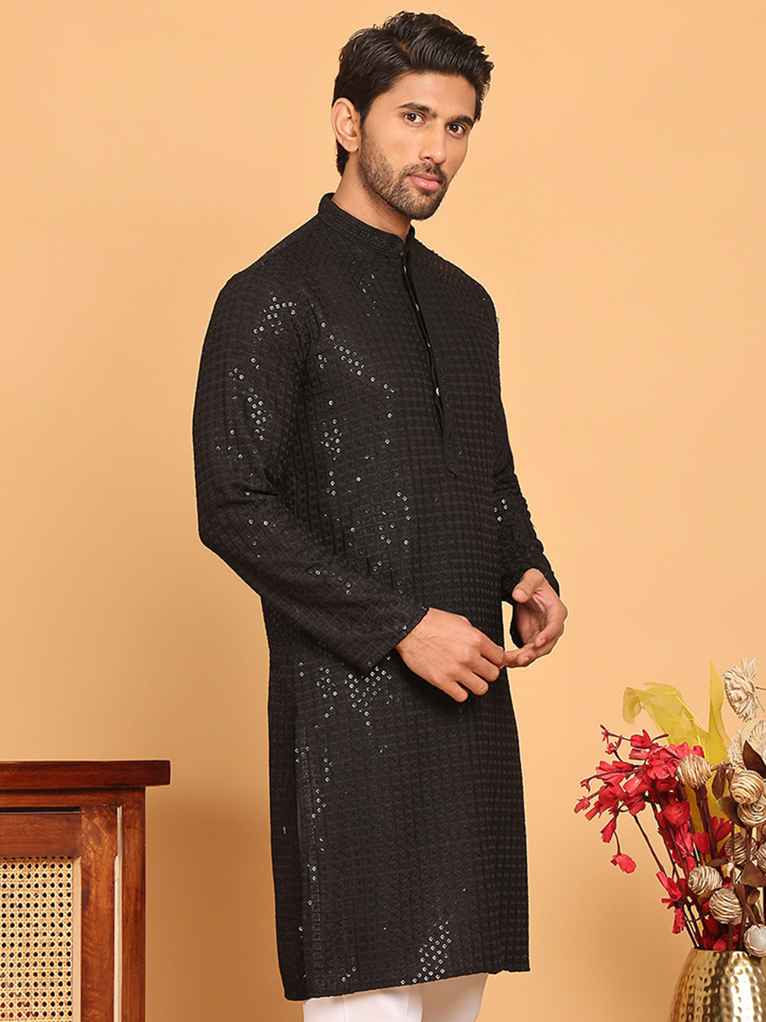 Embroidered & Sequence Kurtas for Men ( KO 5177 Black )