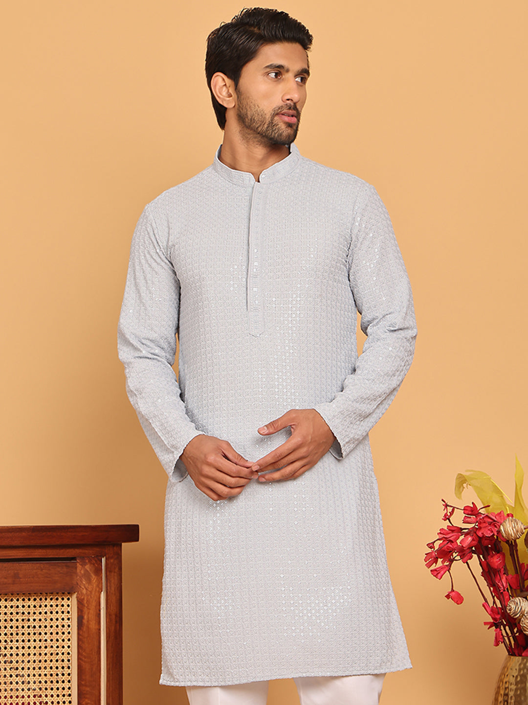 Embroidered & Sequence Kurtas for Men ( KO 5177 Grey )