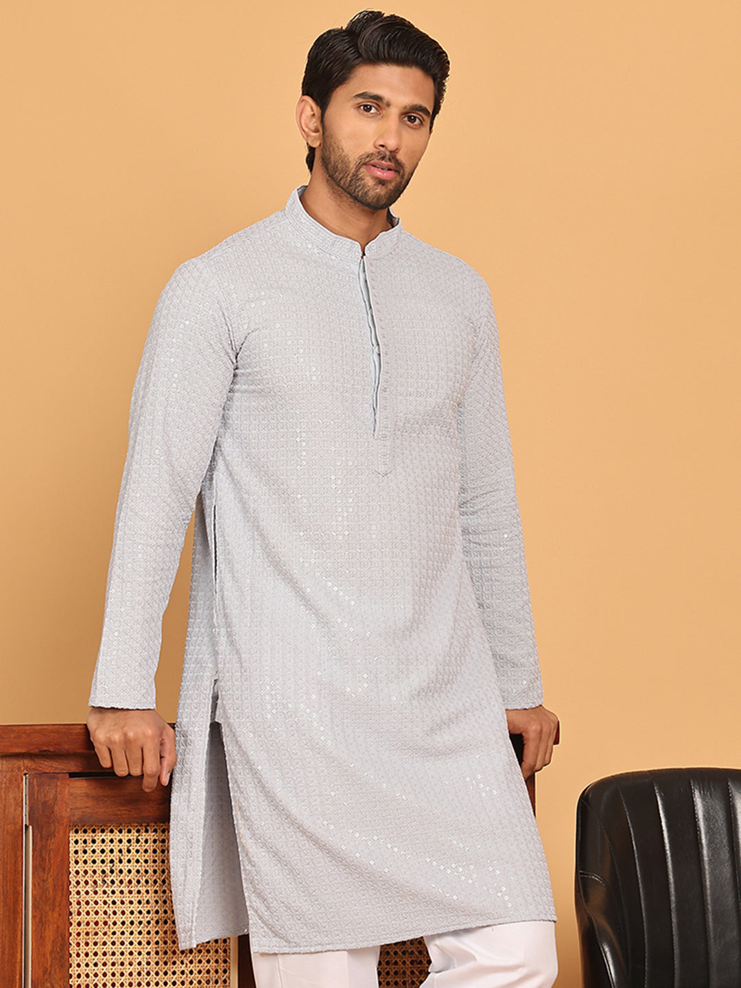Embroidered & Sequence Kurtas for Men ( KO 5177 Grey )