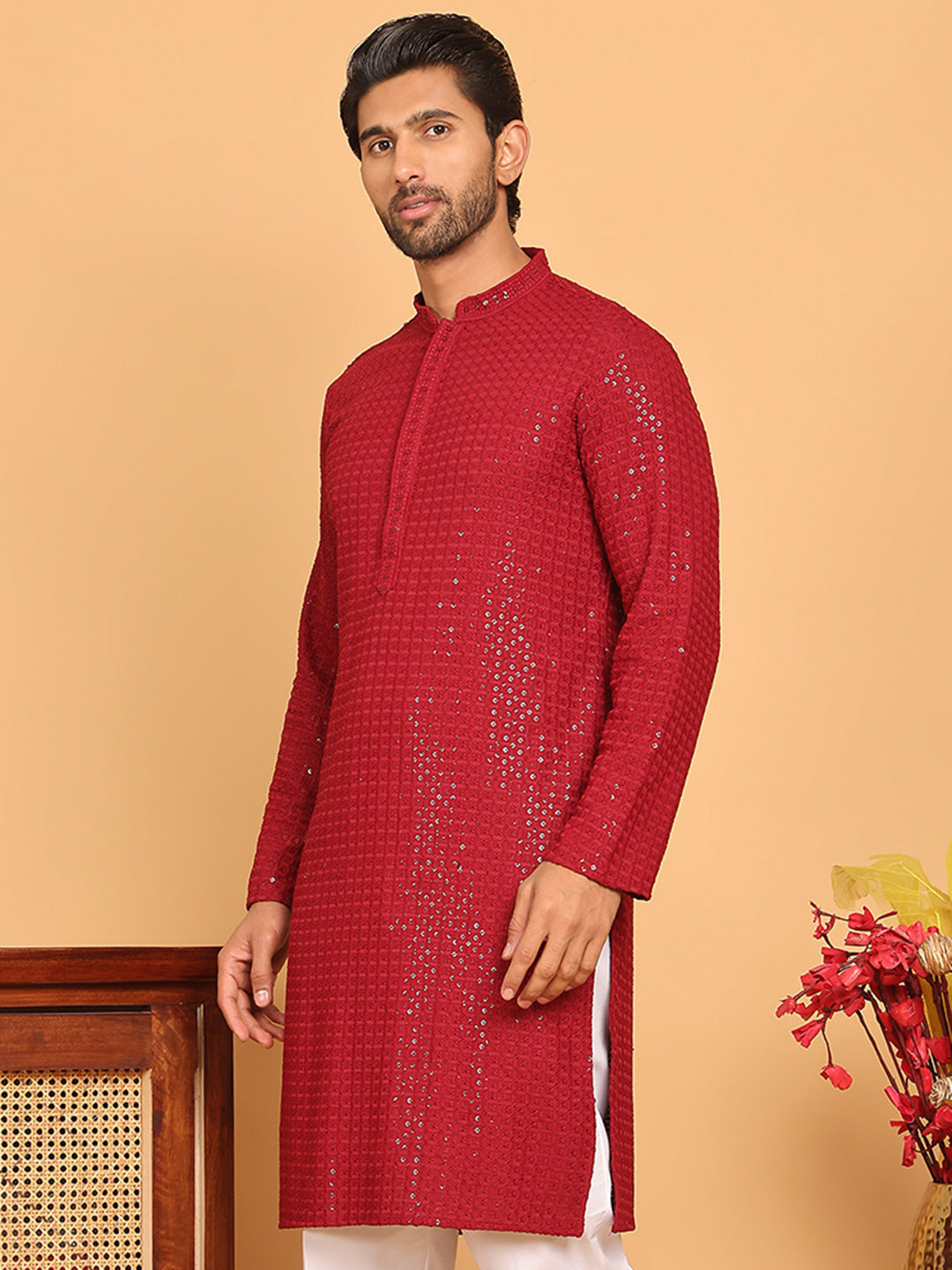 Embroidered & Sequence Kurtas for Men ( KO 5177 Maroon )