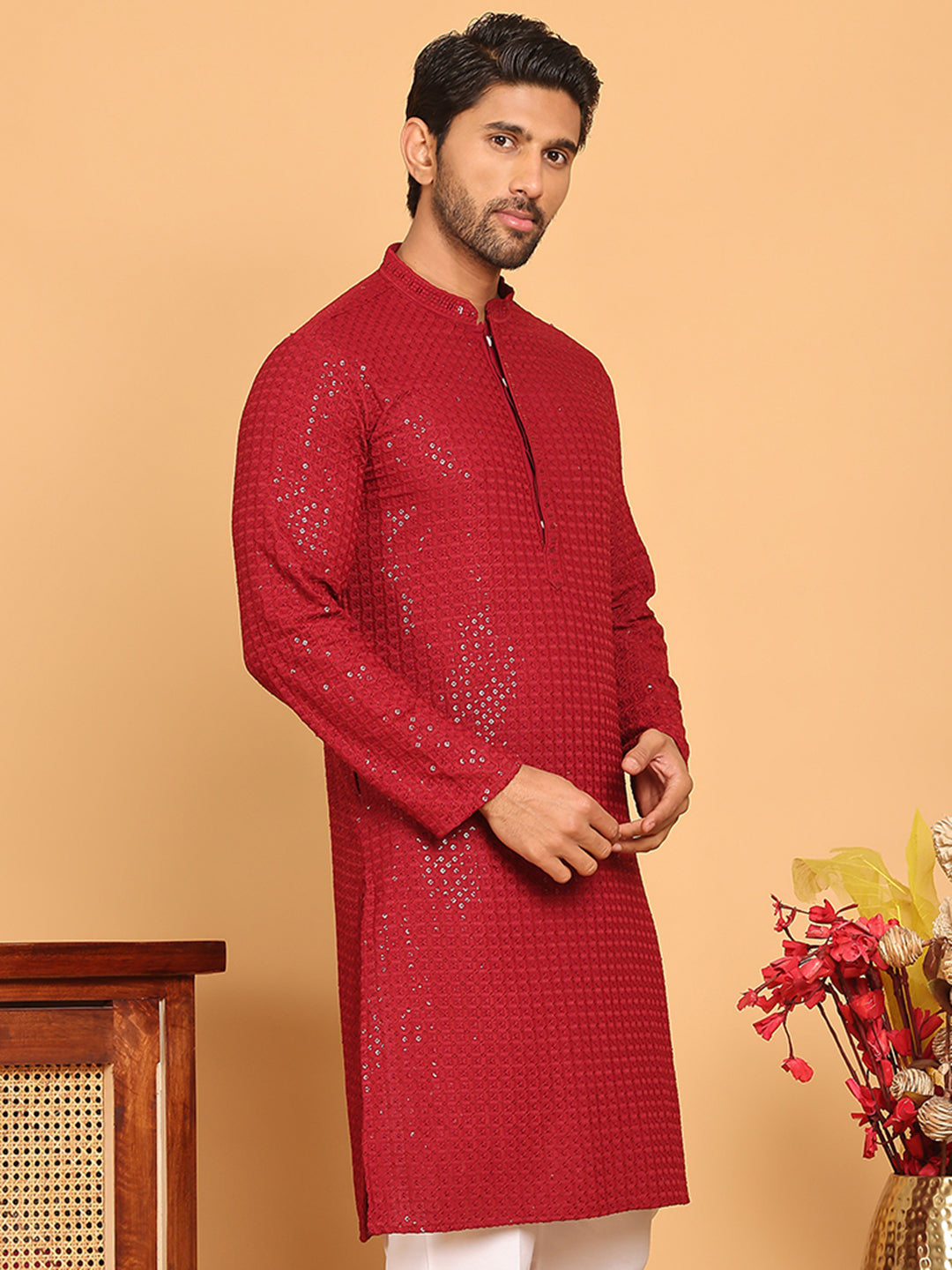Embroidered & Sequence Kurtas for Men ( KO 5177 Maroon )