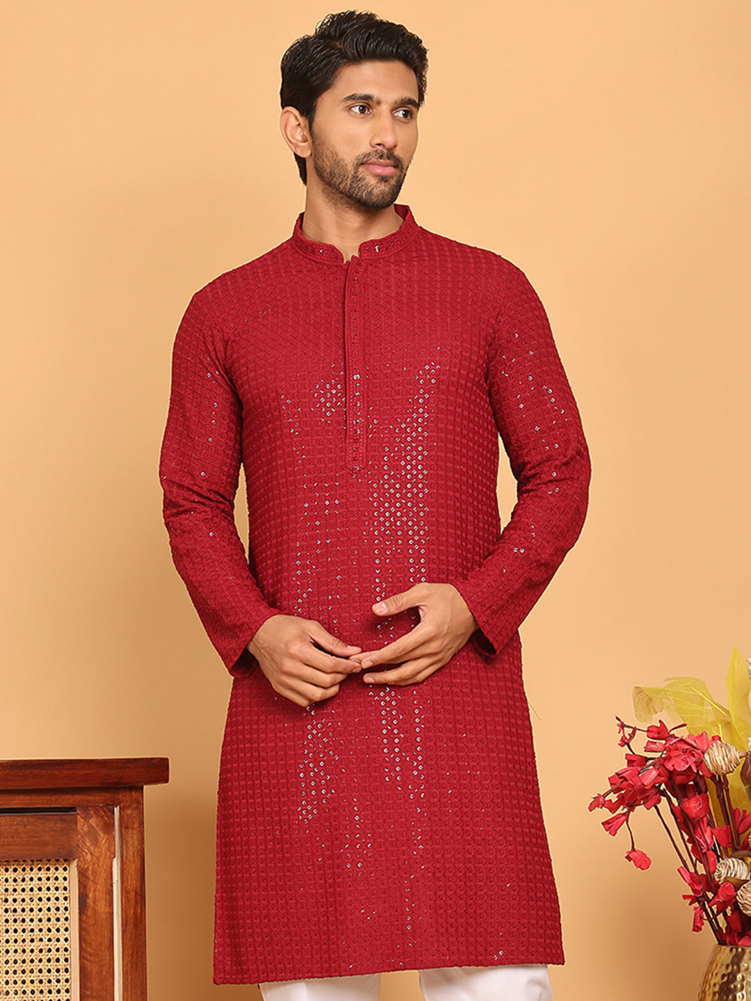 Embroidered & Sequence Kurtas for Men ( KO 5177 Maroon )
