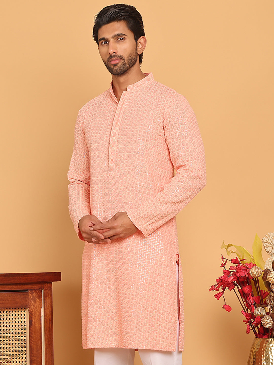 Embroidered & Sequence Kurtas for Men ( KO 5177 Peach )