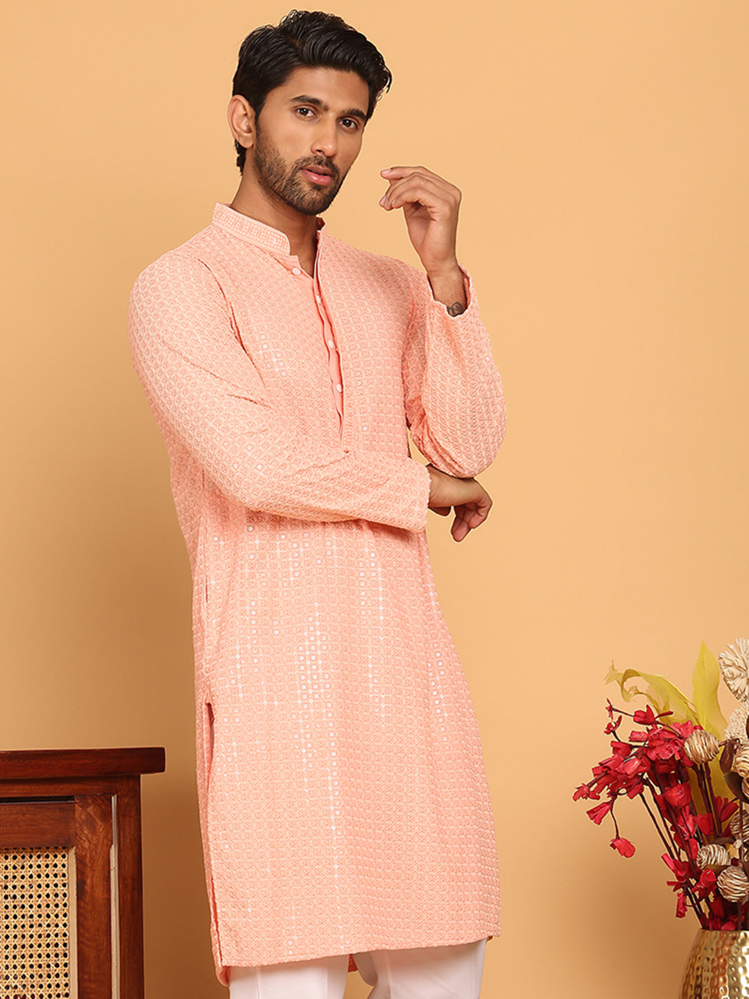Embroidered & Sequence Kurtas for Men ( KO 5177 Peach )