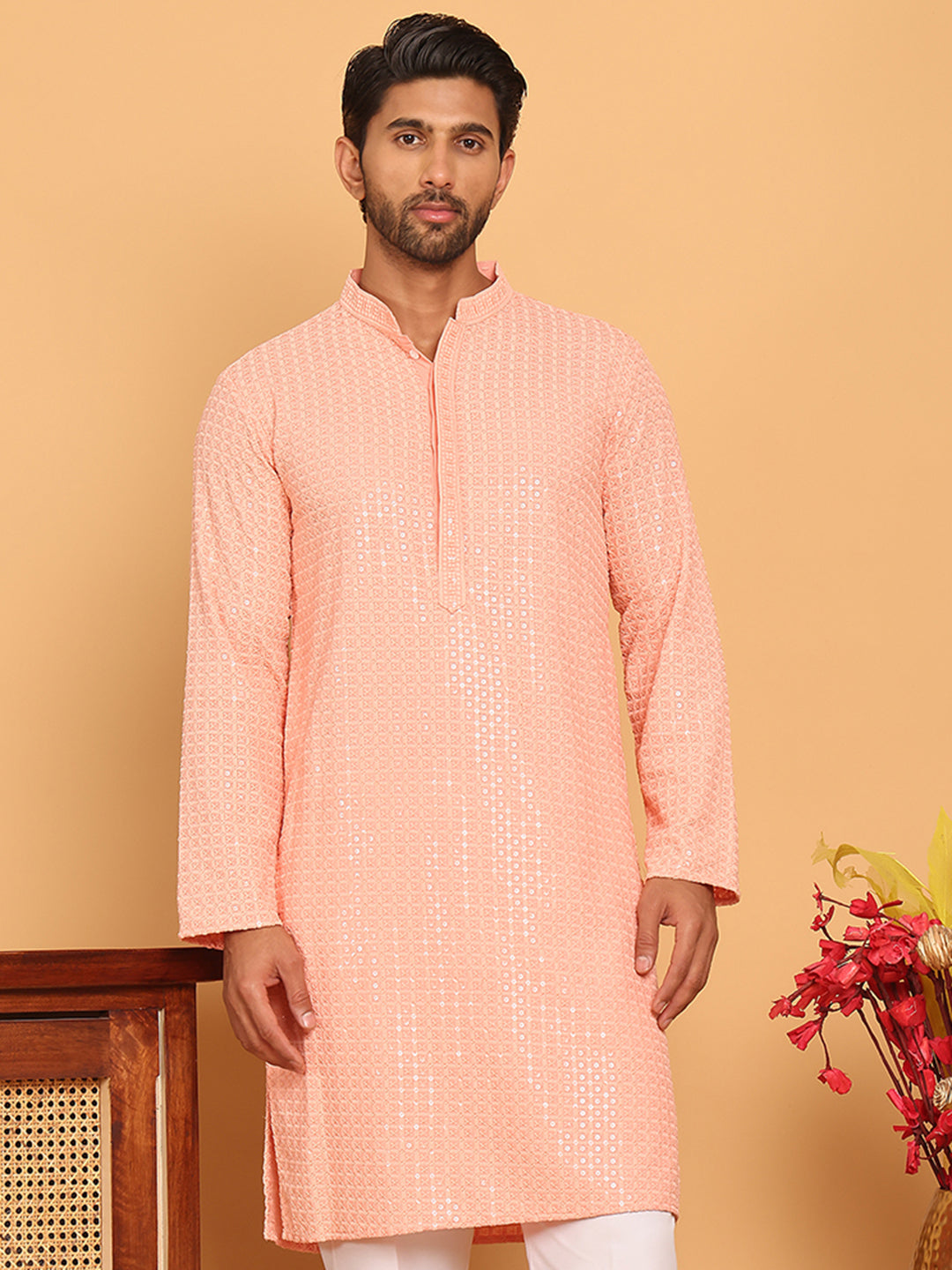 Embroidered & Sequence Kurtas for Men ( KO 5177 Peach )