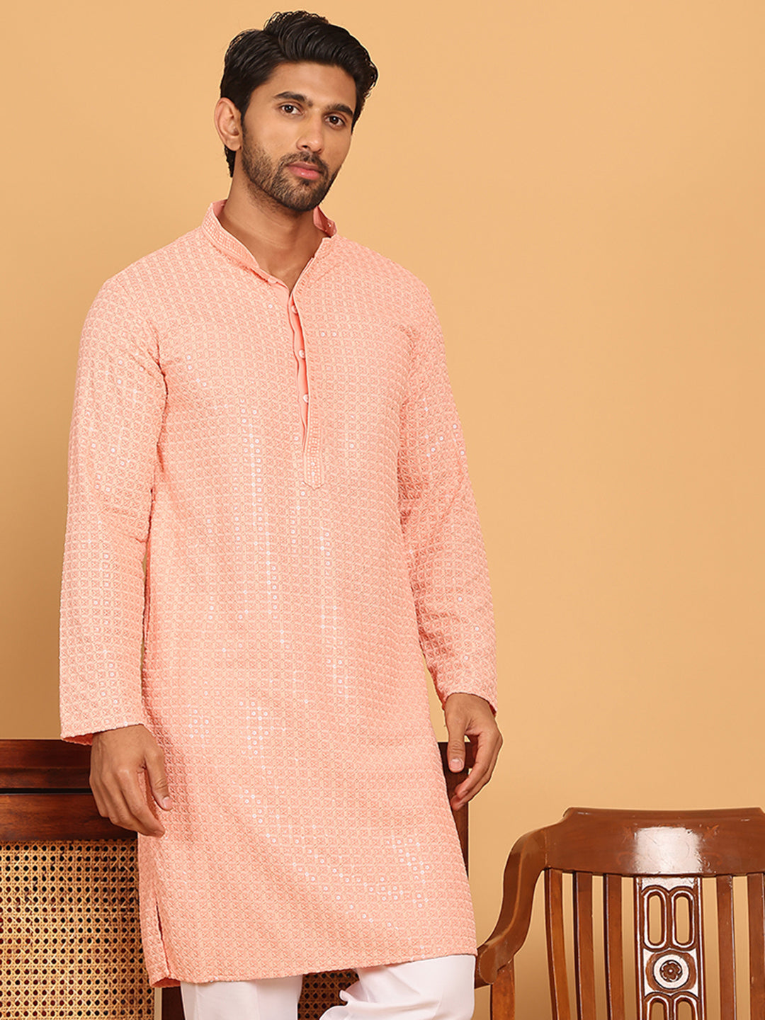Embroidered & Sequence Kurtas for Men ( KO 5177 Peach )