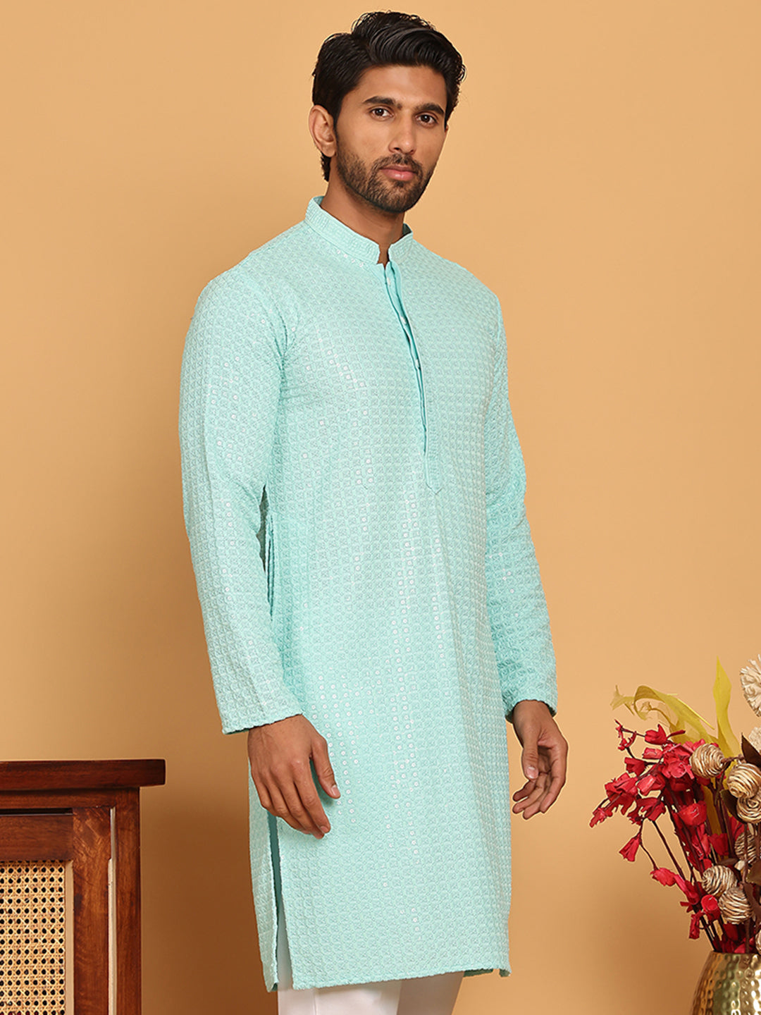 Embroidered & Sequence Kurtas for Men ( KO 5177 Sky )