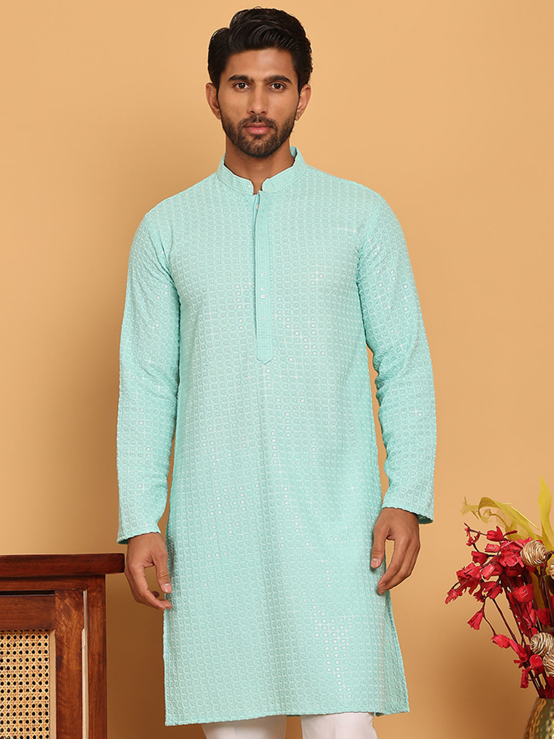Embroidered & Sequence Kurtas for Men ( KO 5177 Sky )