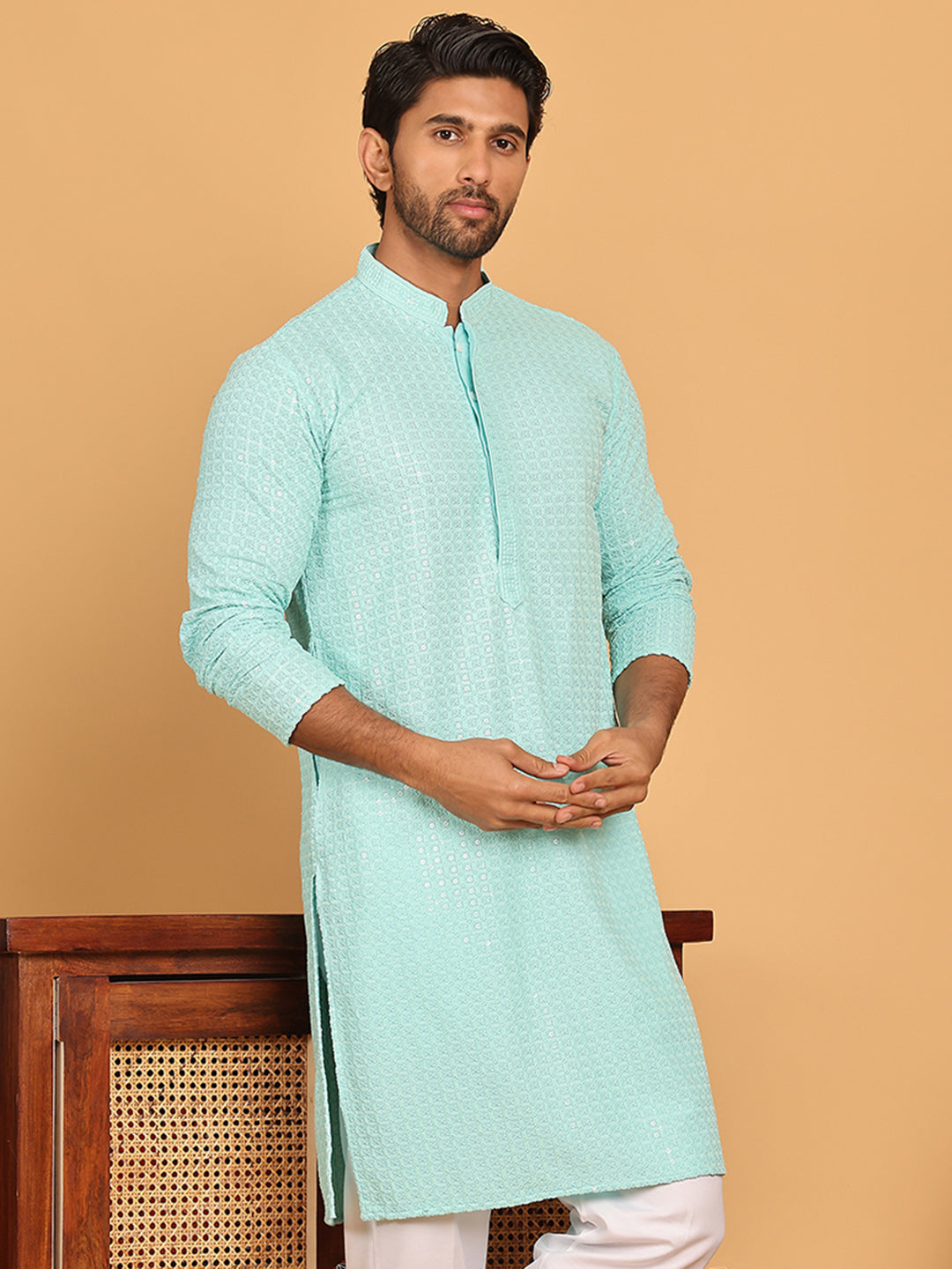 Embroidered & Sequence Kurtas for Men ( KO 5177 Sky )