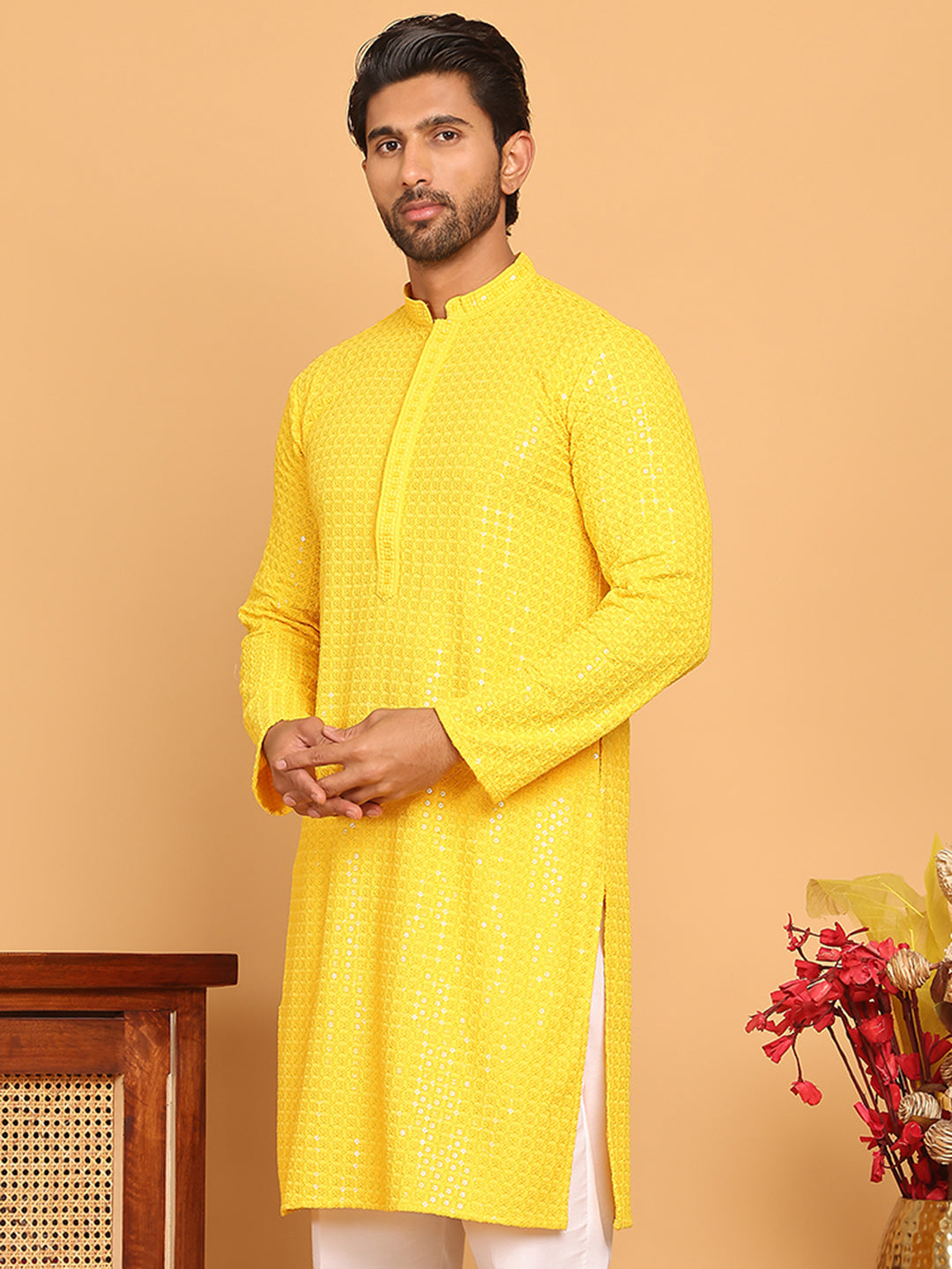 Embroidered & Sequence Kurtas for Men ( KO 5177 Yellow )