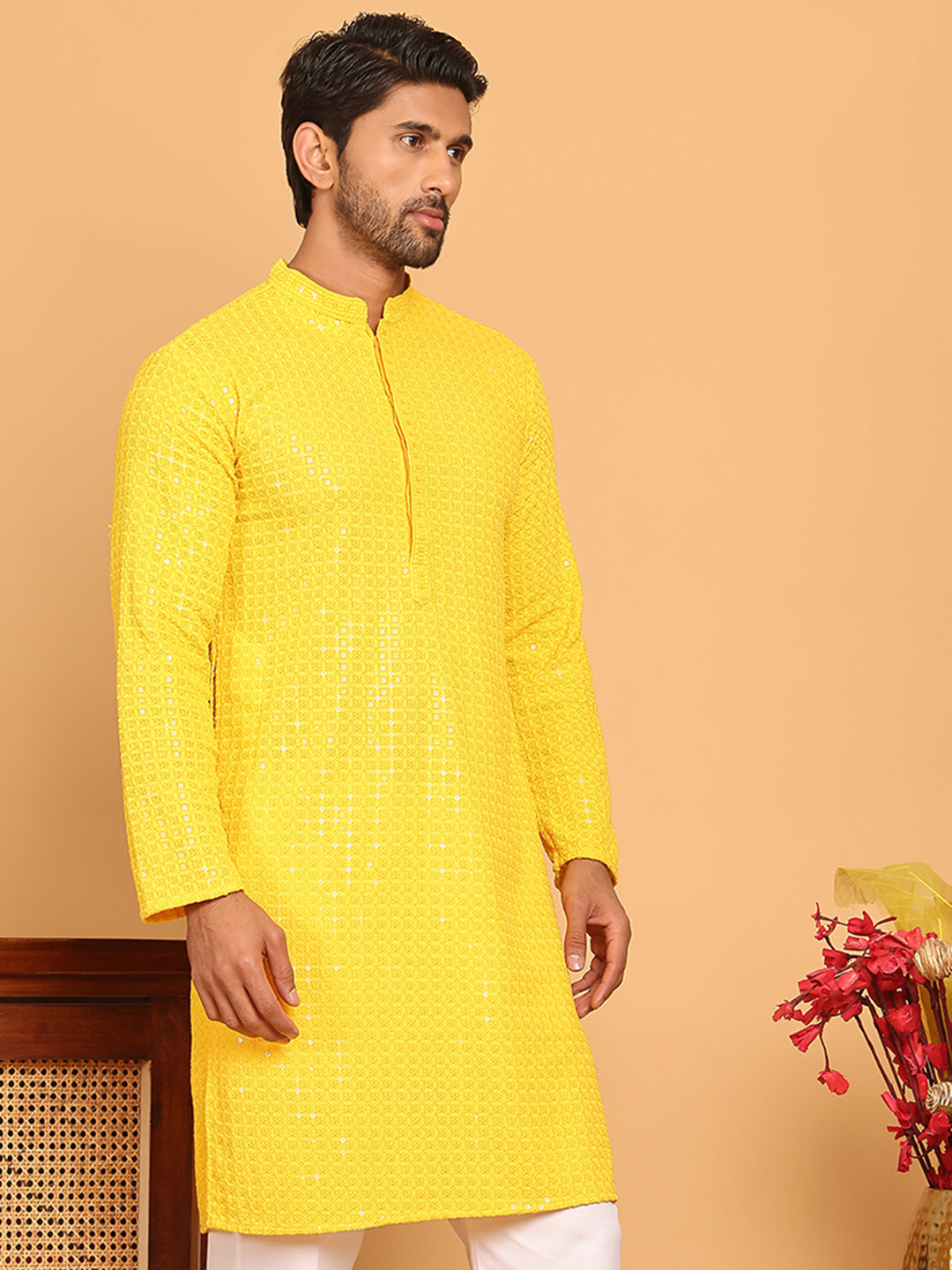 Embroidered & Sequence Kurtas for Men ( KO 5177 Yellow )