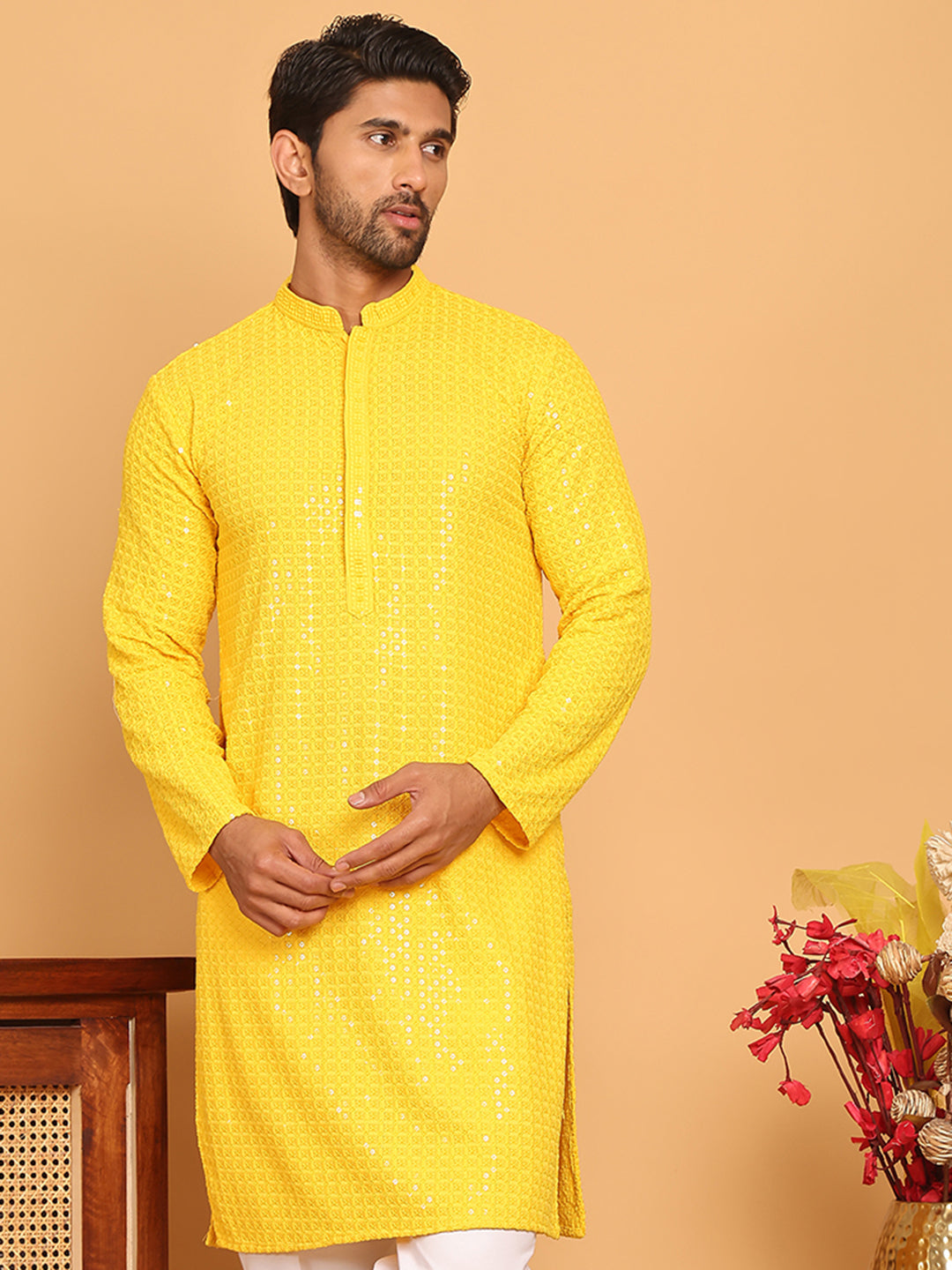 Embroidered & Sequence Kurtas for Men ( KO 5177 Yellow )
