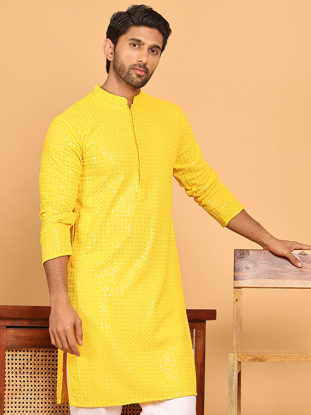 Embroidered & Sequence Kurtas for Men ( KO 5177 Yellow )