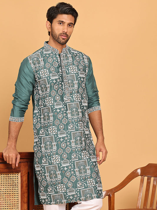 Embroidered Straight Kurtas For Men ( KO 5178 Green )