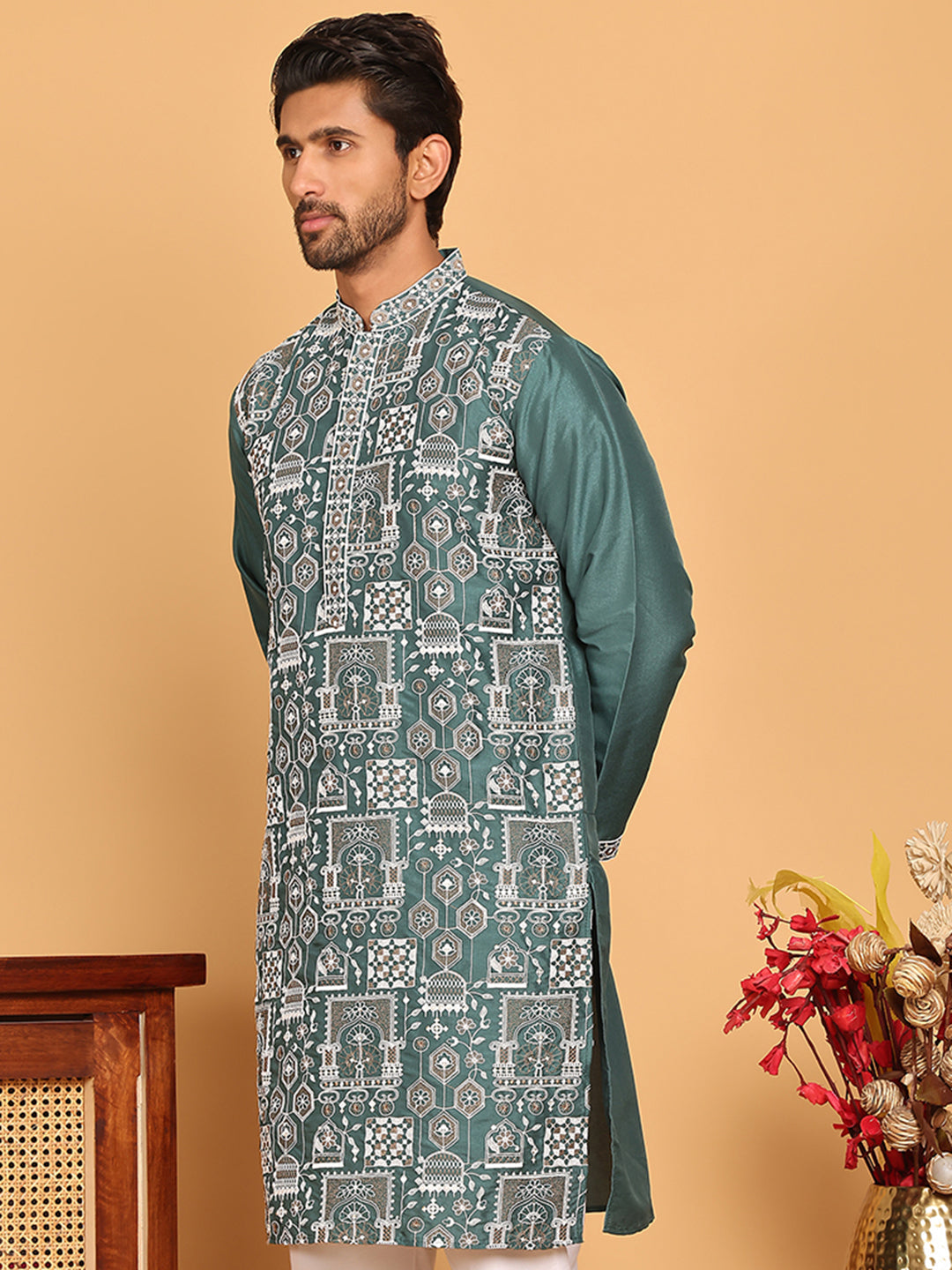 Embroidered Straight Kurtas For Men ( KO 5178 Green )