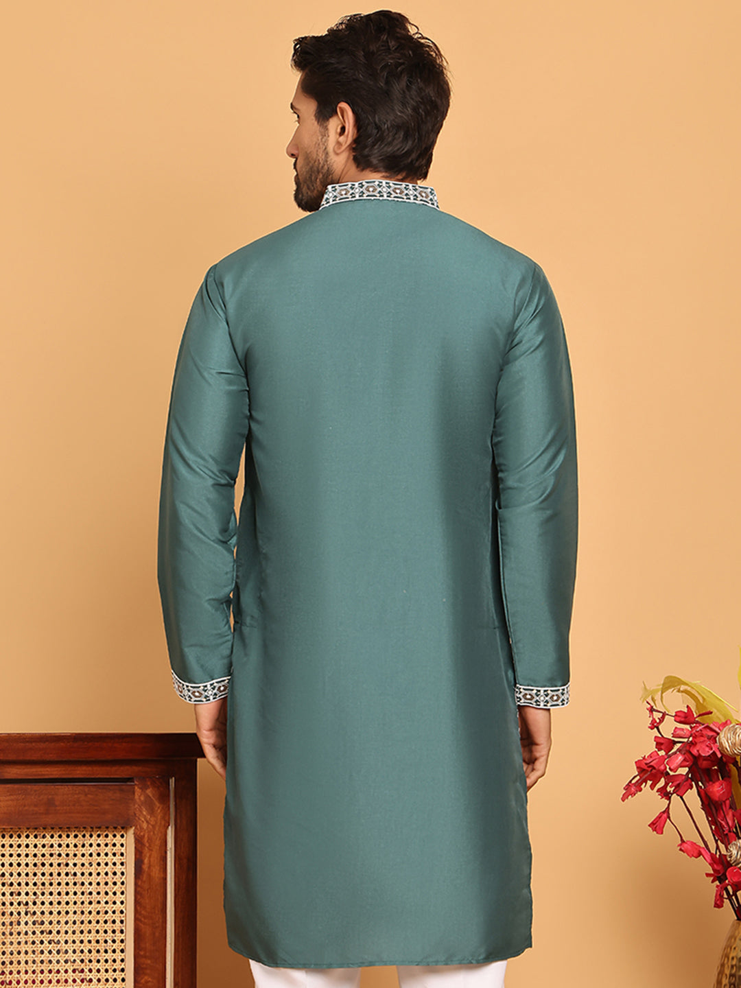 Embroidered Straight Kurtas For Men ( KO 5178 Green )