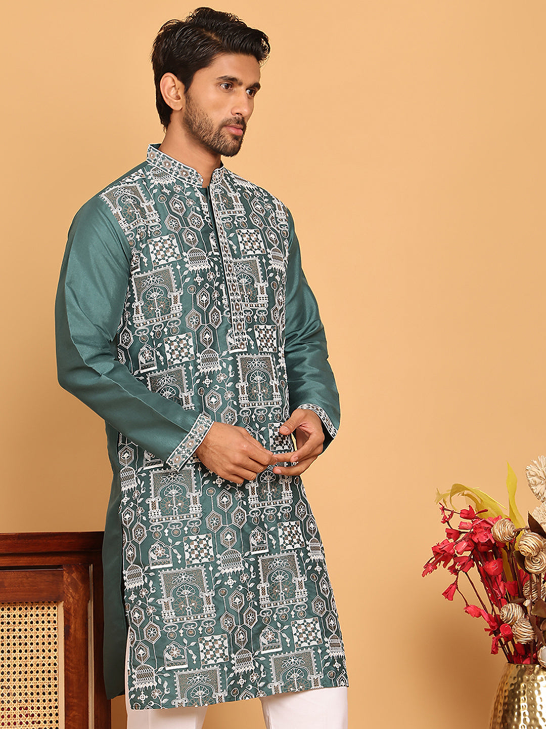 Embroidered Straight Kurtas For Men ( KO 5178 Green )