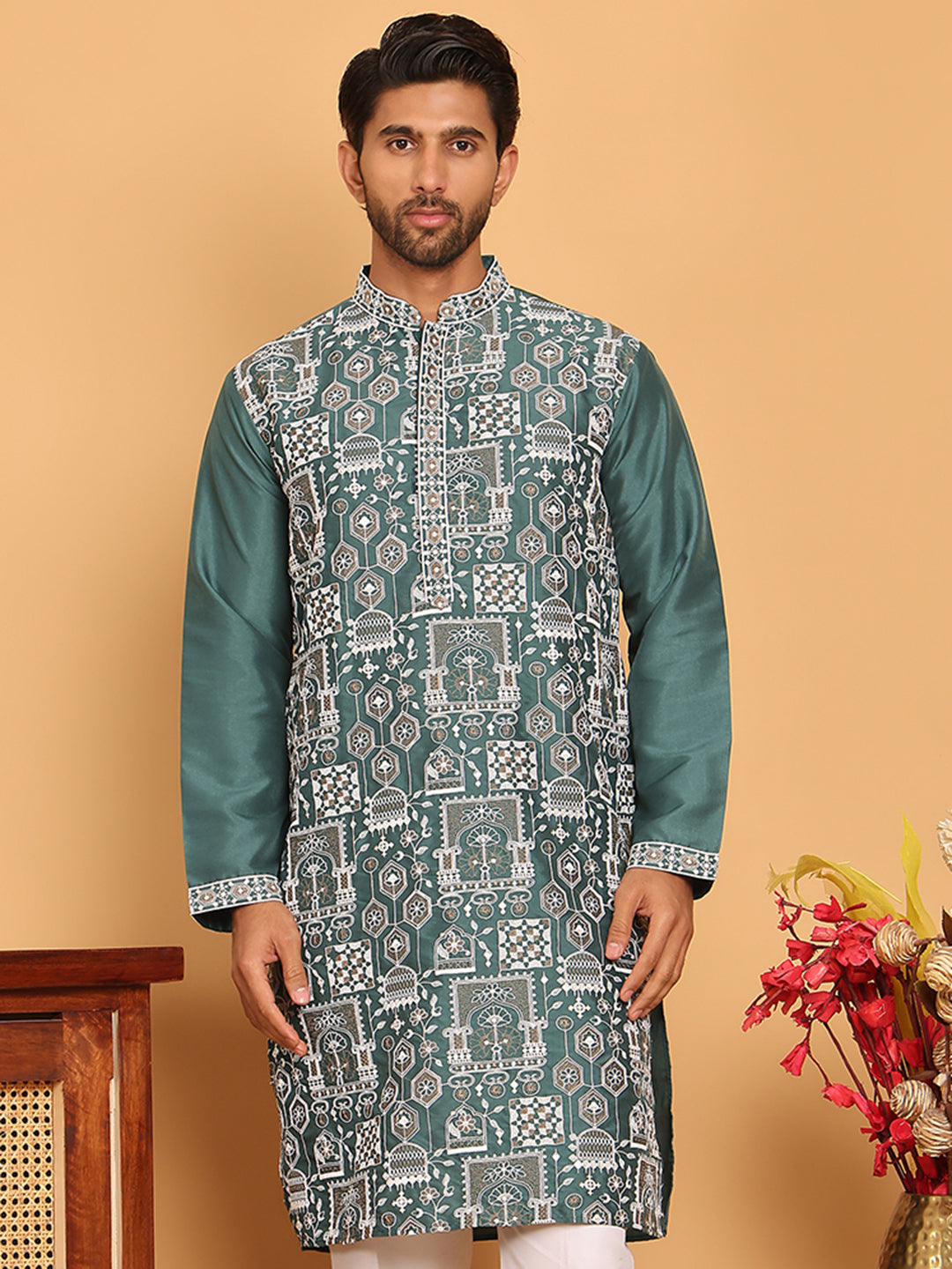 Embroidered Straight Kurtas For Men ( KO 5178 Green )