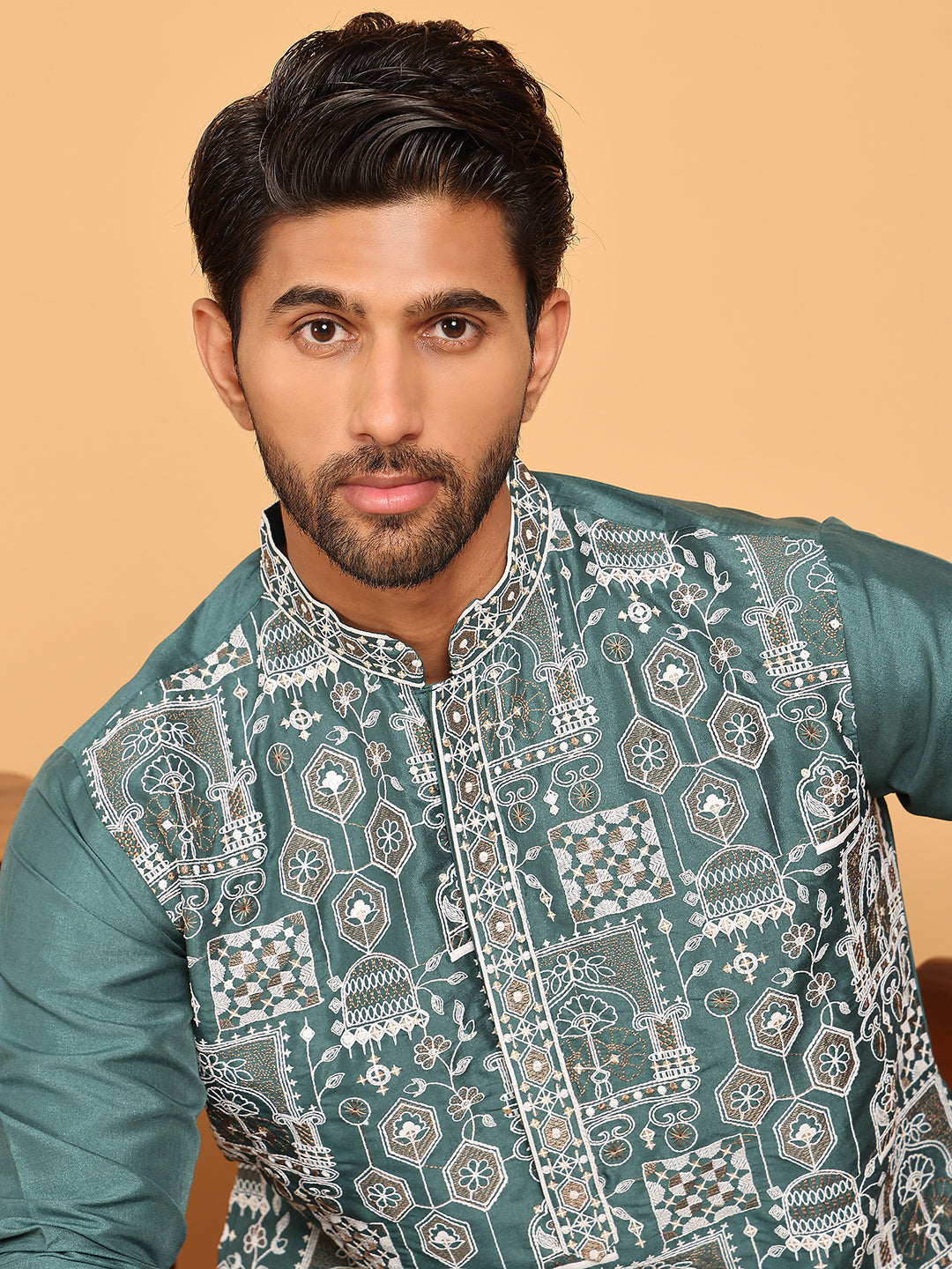 Embroidered Straight Kurtas For Men ( KO 5178 Green )