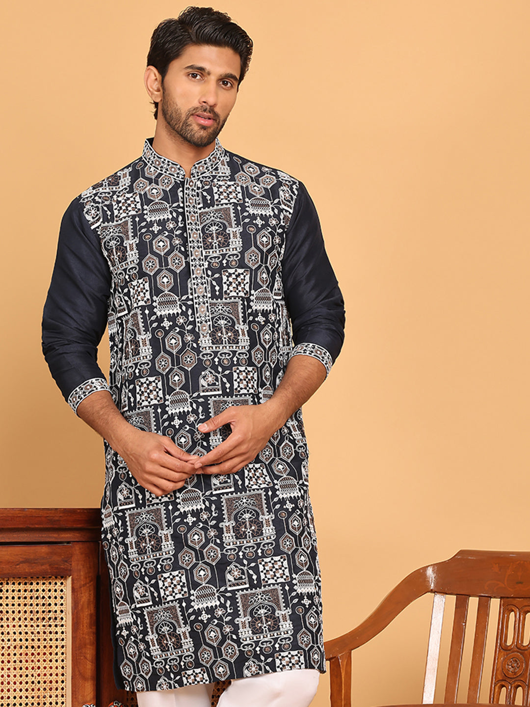 Embroidered Straight Kurtas For Men ( KO 5178 Navy )