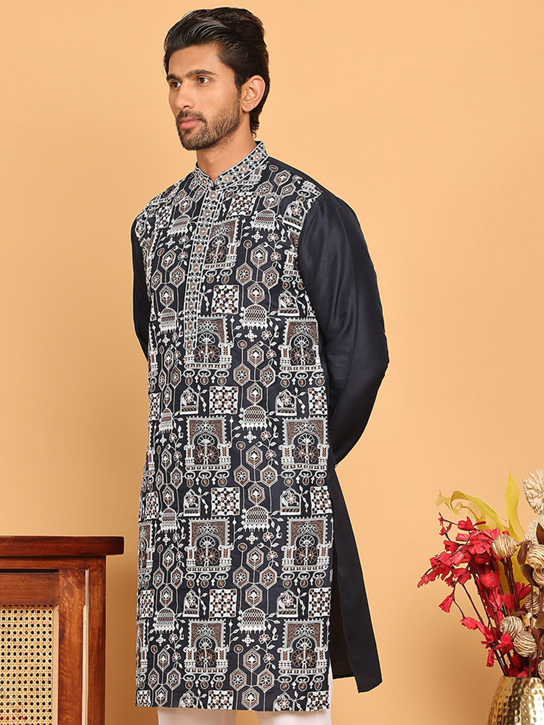 Embroidered Straight Kurtas For Men ( KO 5178 Navy )