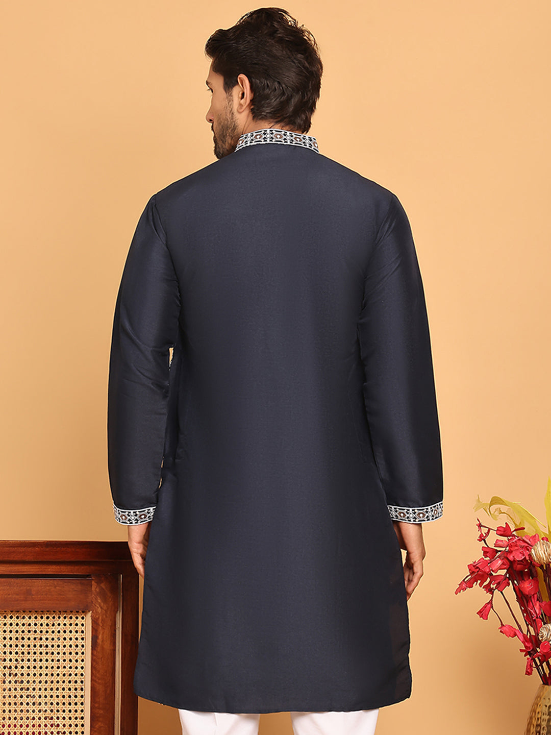 Embroidered Straight Kurtas For Men ( KO 5178 Navy )