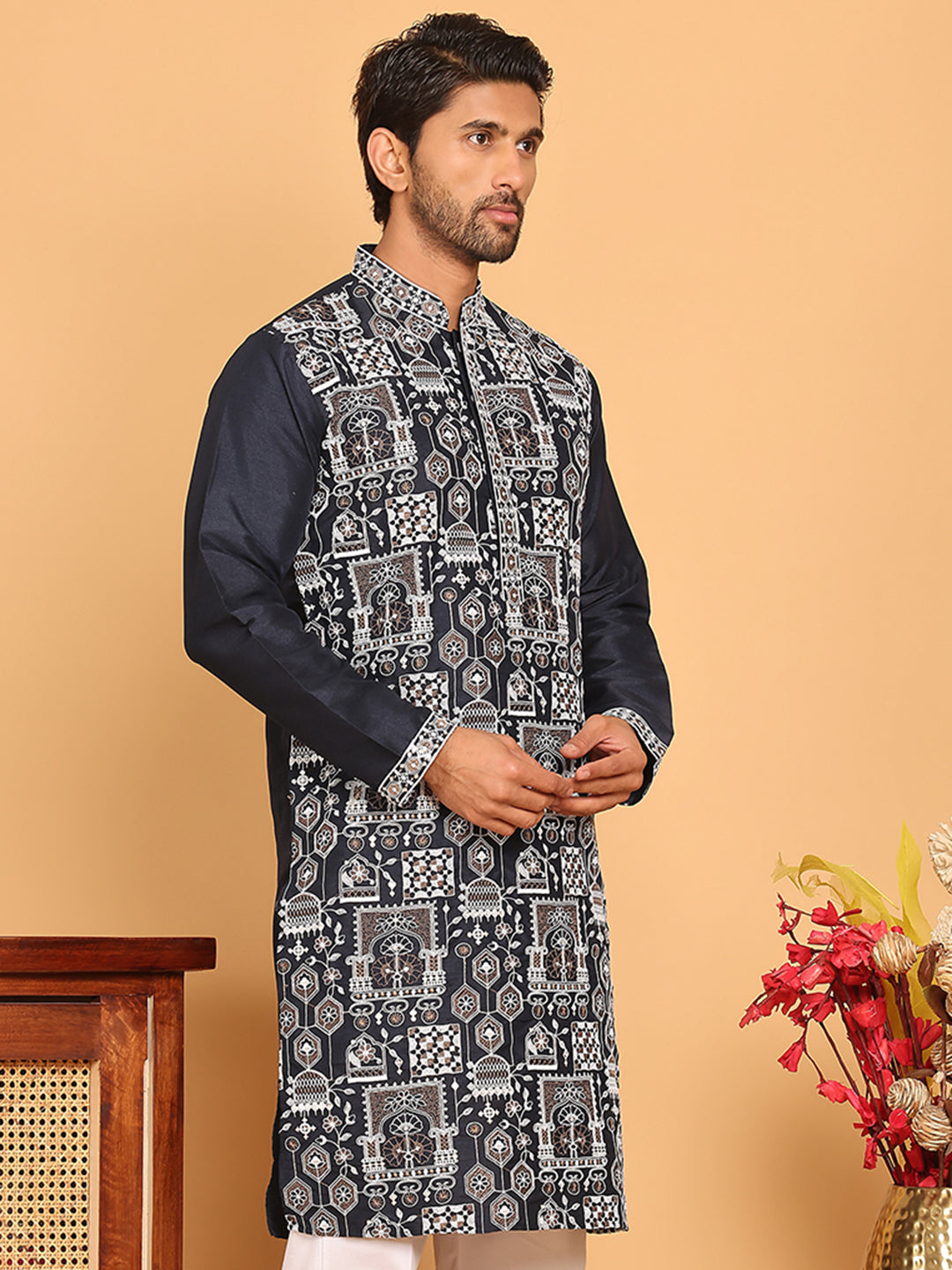 Embroidered Straight Kurtas For Men ( KO 5178 Navy )