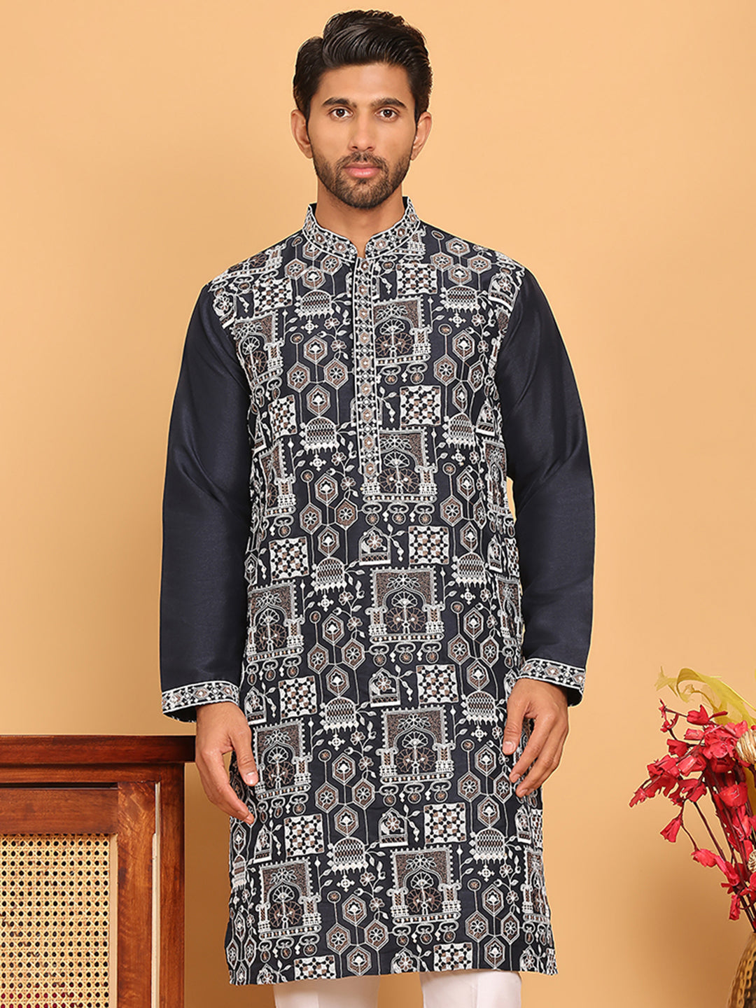 Embroidered Straight Kurtas For Men ( KO 5178 Navy )