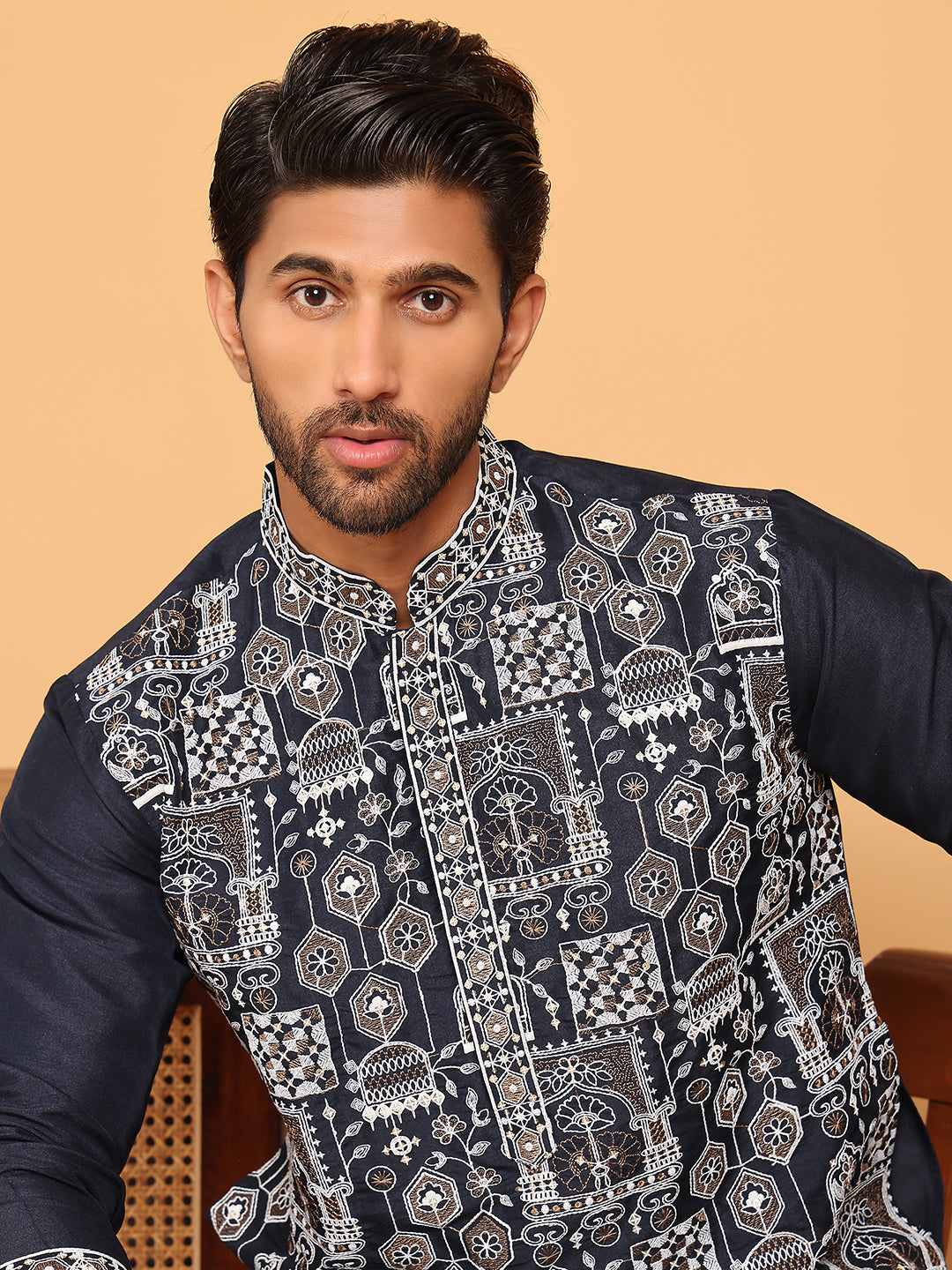 Embroidered Straight Kurtas For Men ( KO 5178 Navy )