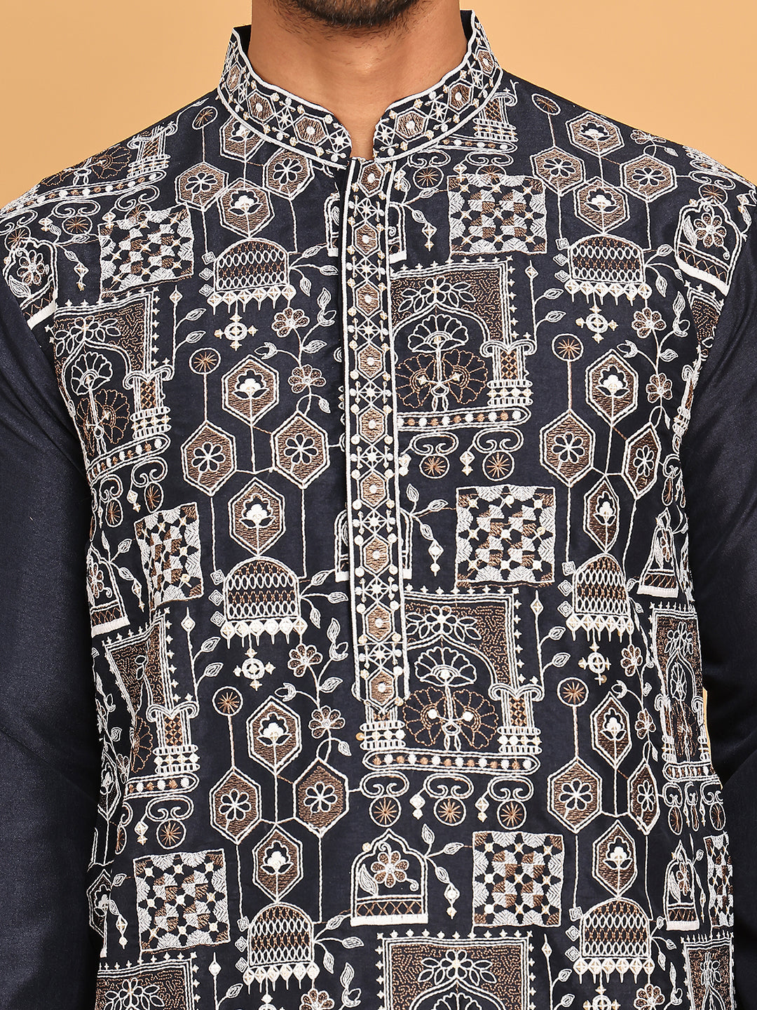 Embroidered Straight Kurtas For Men ( KO 5178 Navy )