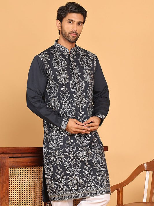 Embroidered Straight Kurtas For Men ( KO 5180 Navy )