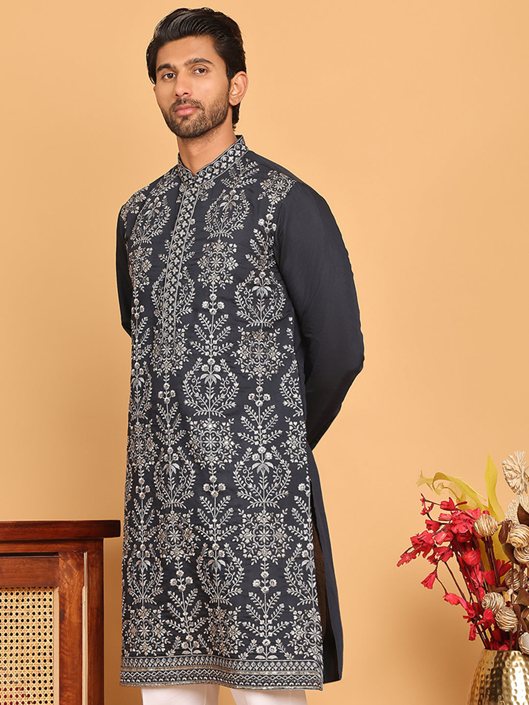Embroidered Straight Kurtas For Men ( KO 5180 Navy )
