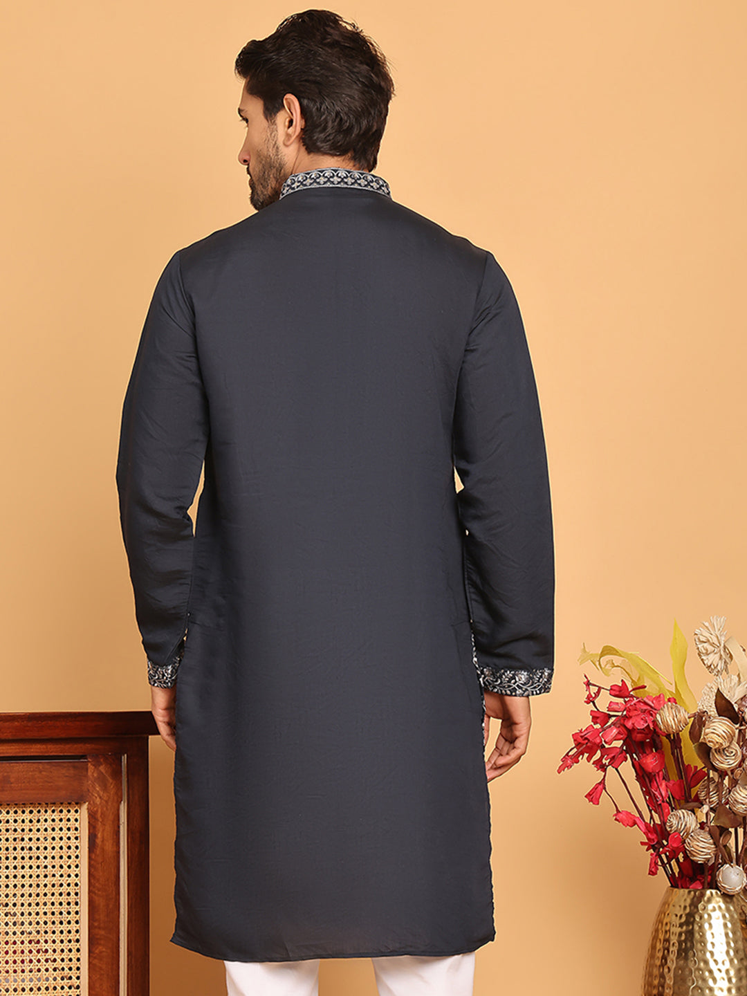 Embroidered Straight Kurtas For Men ( KO 5180 Navy )