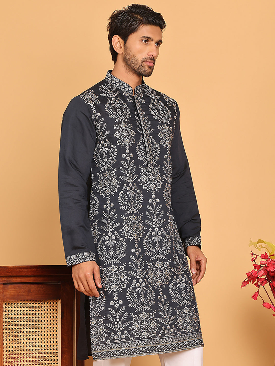 Embroidered Straight Kurtas For Men ( KO 5180 Navy )