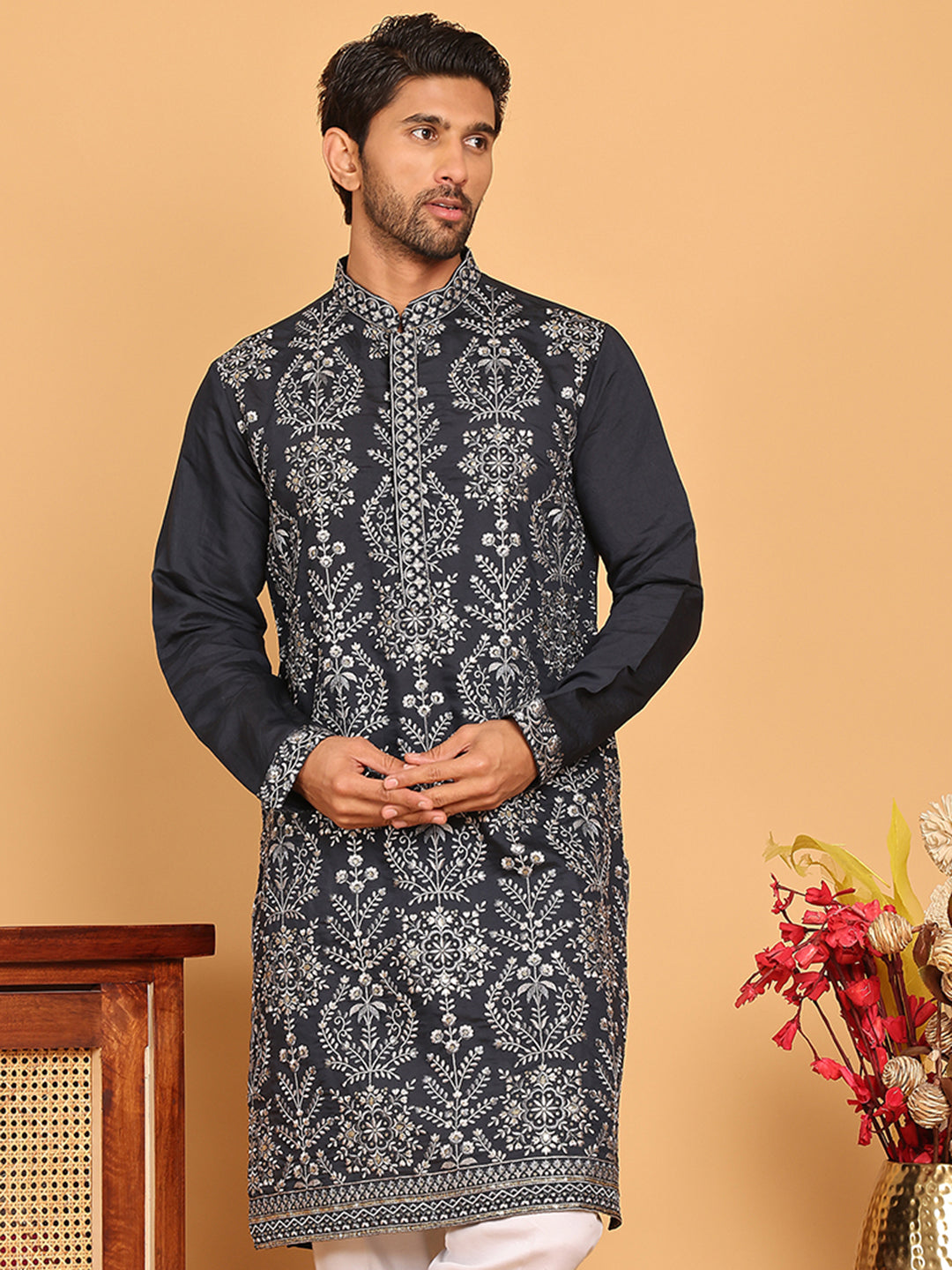 Embroidered Straight Kurtas For Men ( KO 5180 Navy )