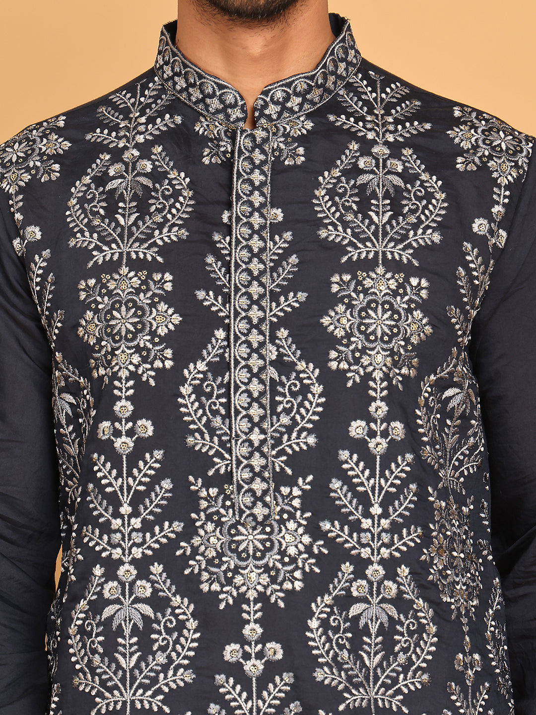 Embroidered Straight Kurtas For Men ( KO 5180 Navy )