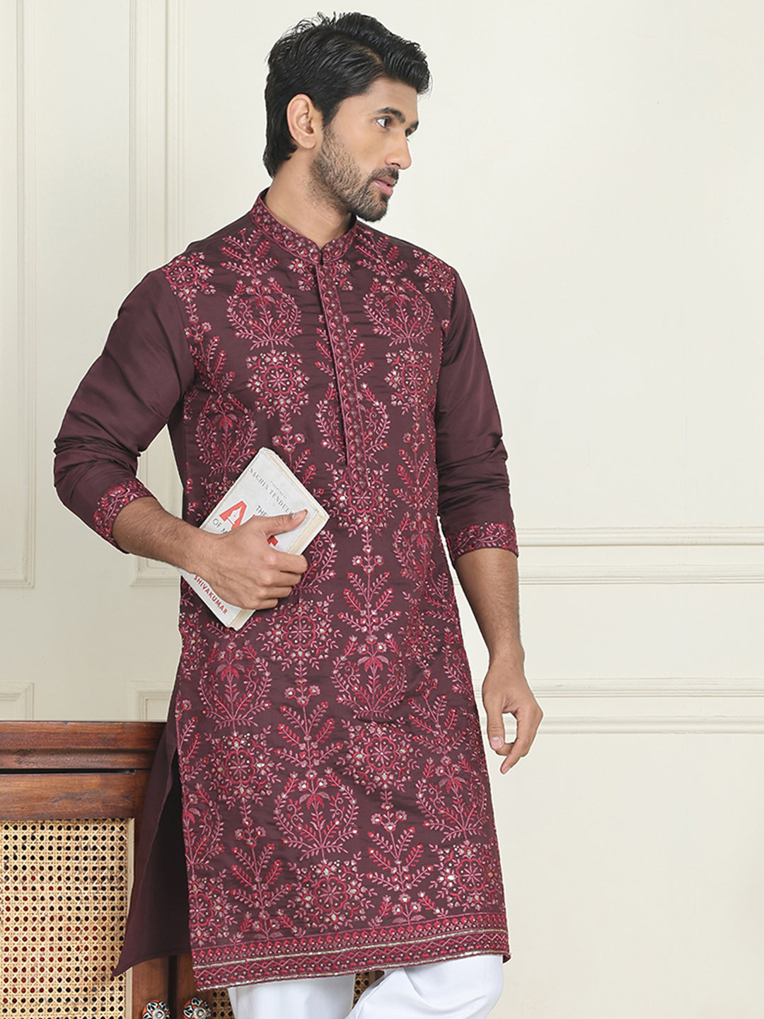 Embroidered Straight Kurtas For Men ( KO 5180 Purple )